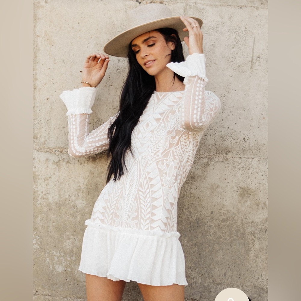 BaeVely Ivory Nude Embroidered Lace Ruffle Mini Dress Size Medium NWOT